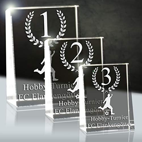 3Dglas Glaspokal 3er Set | Glas Trophäe | Text, Symbole oder Fotos graviert nach deinem Wunsch