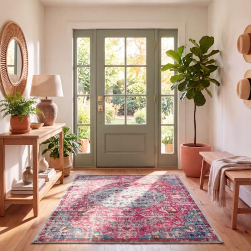 SAFAVIEH Boho Teppich für Wohnzimmer, Esszimmer, Schlafzimmer - Madison Collection, Kurzer Flor, Fuchsia und Blaugrün, 122 X 183 cm