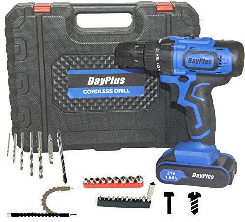 Portable Cordless Drill Li-Ion Electric Driver Kit Tool Repair Set 18+1 Torque 21V DIY Screwdriver Tail Hammer 2 Speed Mini Wireless Power Driver 3/8Inch with LED&Magnet