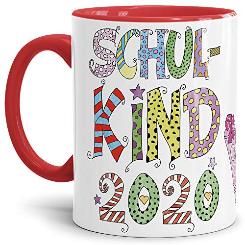 Tassendruck Geschenk Tasse zur Einschulung für Kinder mit Spruch - SCHULKIND 2020 - Geschenkidee zum Schulanfang/Erinnerung Schulbeginn/Erstklässler 2020 Mädchen - Innen & Henkel Rot