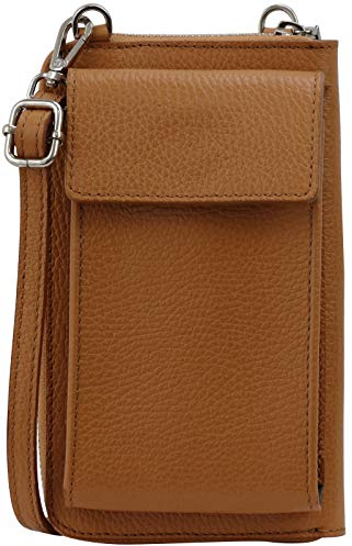 SH Leder Damen Handytasche Umhängetasche Geldbörse Multifunktion Beutel aus Echtleder Verstellbar Schultergurt Handy bis 6,8 Zoll 11,50x19cm Sarah G339 (Cognac)