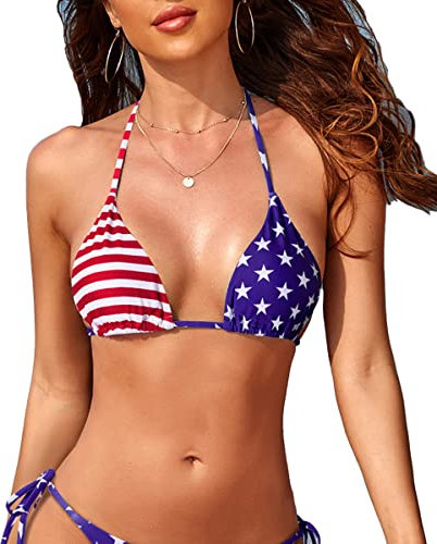 Tainehs Women's Sexy Halter Thong Bikini Top String Micro Triangle Bikini Top Swimsuit, American Flag, XL