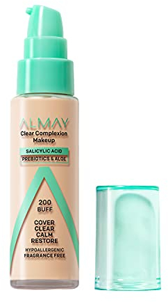 Almay Klarer Teint Akne Foundation Make-up mit Salicylsäure – leicht, mittlere Deckkraft, hypoallergen, parfümfrei, für empfindliche Haut, 200 Buff, 30 ml