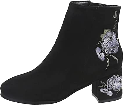 SWZEC Donna Stivaletto in Camoscio Foderato Caldo Stivali Antiscivolo Ricamato Con Zip Tacchi Alti 6 cm Nero 39