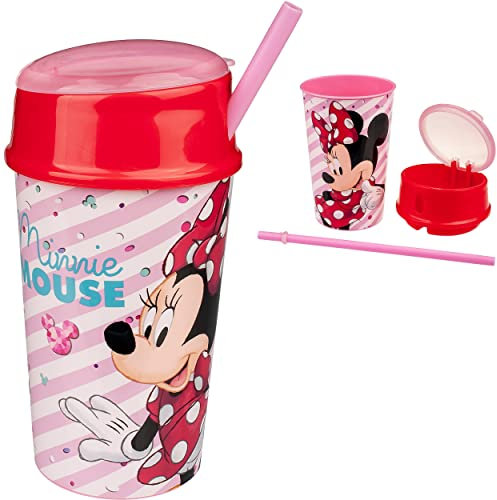 alles-meine.de GmbH 2in1: Trinkbecher mit Strohhalm + Deckel & Obstfach - Minnie Mouse 2 Fach - 400 ml - BPA frei - Kinder - Kunststoff Plastik - Joghurtbecher/Müslibecher ..