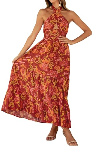 ZESICA Damen 2025 Sommer Crossover Halterneck Ärmelloses Karo Kleid mit Cut-Out und Rückenfreilassung, Fließendes A-Linien Maxikleid, Klein