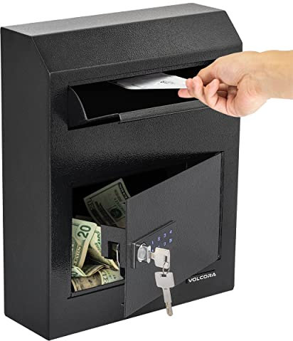Volcora Boîte à clés avec serrure, clavier numérique, coffre-fort pour les dépôts d'argent pour entreprise, boîte aux lettres murale, boîte à billets, serrure électronique programmable avec clé pour