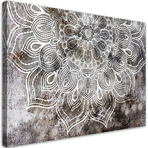 Feeby 1-teilig Wandbild 90x60 cm Verzierung Orientalisch Mandala Druckbild Leinwandbild Wandbild Kunst Bilder Schlafzimmer Deko Wohnzimmer Abstraktion Geometrisches Motiv Grau