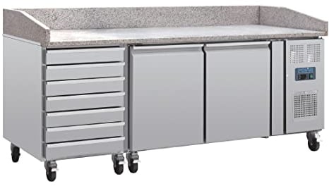 Polar Refrigeration U-Series 300W 2 Door Pizza Counter Food Prep Fridge with Dough Drawers 290 Litre, Granite Worktop, Stainless Steel, 2°C to 8°C, 1000(H)x2025(W)x800(D)mm, Energy Rating B | CT423