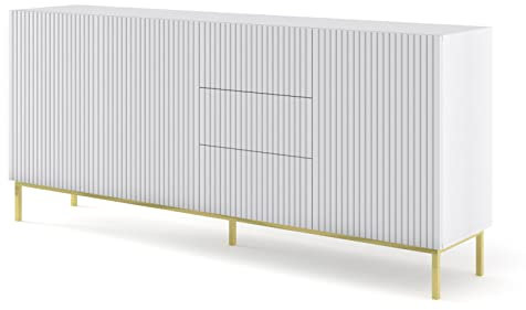 BIM Furniture Kommode Ravenna B 3D3S 200 cm gefräst MDF, Sideboard Highboard Schrank, 3 Türen, 3 Schubladen (Weiß Matt)