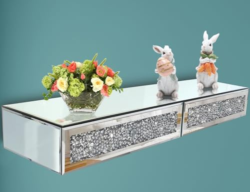 Verspiegeltes Möbel-Wandregal mit 2 Schubladen, Kristall-Diamant-schwebende Vitrine, silberner Spiegel, dekorativer Schminktisch, Wandkunst-Dekor, 71.4 cm Lx21.4 cm Bx10.2 cm H