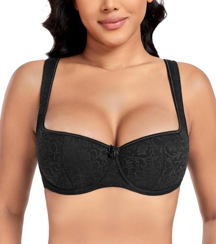 DotVol Women's Lightly Padded Balconette Bra Lace Demi Balcony Push Up Underwired Bralette(Black#1,34E)