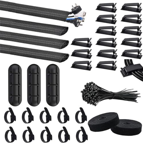 VOANZO 134PCS Kit di gestione dei cavi 4 guaine per cavi 3 supporti per cavi 15 morsetti per cavi 10 +2 rotoli di fascette autoadesive e 100 fascette per l'home Office
