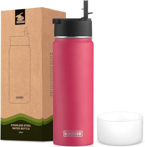 koodee Water Bottle 22 oz Stainless Steel Vacuum Insulated Wide Mouth Water Bottle with Straw Lid, Reusable Metal Sports Water Flask BPA Free(Canyon Red)
