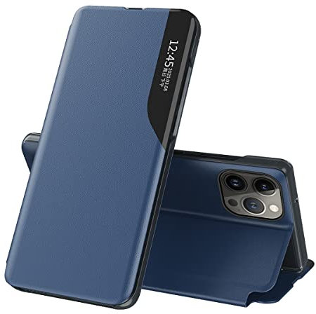 QIWEIQING Handyhülle für iPhone 15 Pro Hülle Klappbar, Luxus Dünn Spiegel Flip Leder Hard PC Stoßfest Hülle mit Ständer Klappbar, Hülle Smart Clear View für iPhone 15 Pro. Blue QH3