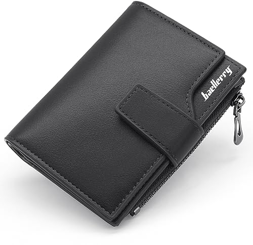 HNOOM Porte Monnaie Femme en Cuir PU Porte Feuilles pour Femme Court Lisse et Souple Petit Portefeuille Femme avec 15 Emplacements Cartes et Zippé Pochette à Monnaie (Noir-X)