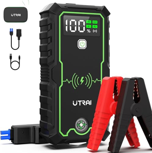 UTRAI Booster Batterie Voiture 6000A, 27000mAh Demarreur Batterie Voiture (Jusqu’à 8.5 L Essence All Gazole), 12V Jump Starter avec Lampe à LED, Boussole, Marteau de Sécurité, Chargement sans Fil