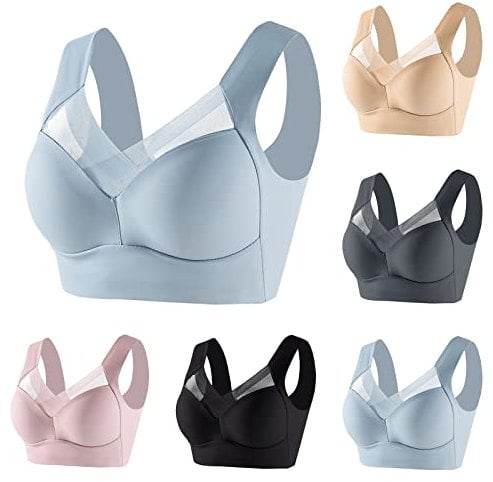 WMBRA Posture Correcting Summer Wireless Push-Up Crossover Bra, Full Back Cover Plus Size, Breathable Non-Wired Sport Bra, Front Fastening, Black, XXXL