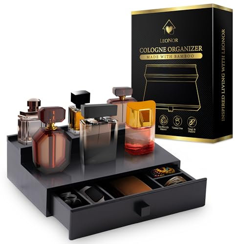 LeoNor Cologne Organizer for Men - Bamboo Cologne Shelf - Minimalist Style Bamboo Organizer w/Hidden Storage - Durable 2 Tier Black Dresser Organizer | Cologne Stand | Perfume organizer for dresser
