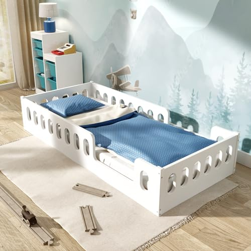 Coemo Kinderbett mit Rausfallschutz & Lattenrost Pierre in 90x200 aus Holz für Jungen oder Mädchen. Modernes, Robustes Bodenbett kombiniert mit maximaler Gestaltungsmöglichkeit für Ihr Kind.