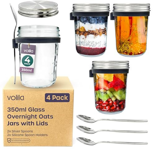 volila Overnight Oats Jar - 4 Pack Overnight Oats Jars with lids 350ml - Breakfast Jars for Overnight Oats, Fruit Salad, Cereals, and Milk - Overnight Oats Container with Silicone Spoon Holder