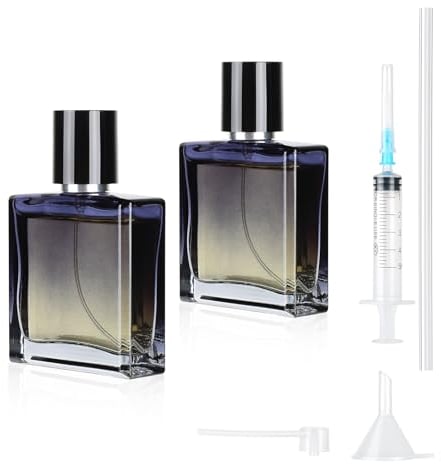 MirraSwit 2 Stück 30ml Parfümzerstäuber, Gradient Blue Square Parfüm Zerstäuber für Frauen oder Mädchen, Parfum Flakon leer mit Zubehör wie Trichter, Parfumspender und Spritze für Reisen