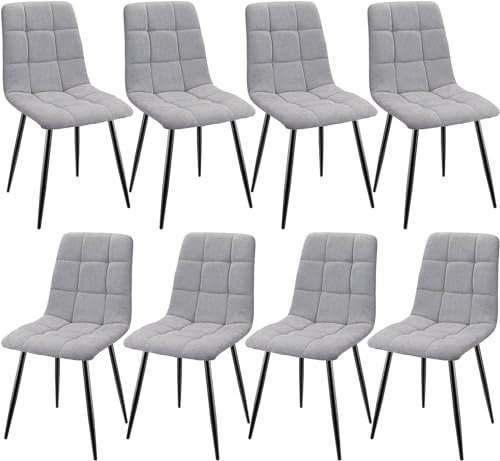 JIJIAN Set of 8 Dining Chairs, Linen Kitchen and Living Room Chairs with Upholstered Seat Backrest and Sturdy Black Metal Legs, Checkerboard Pattern (Grey)