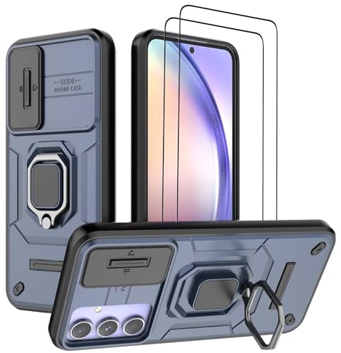 DERHAN Coque pour Samsung Galaxy A54 5G, Housse avec Verre Trempé [2 Pièces] + Couvercle de Caméra Coulissant, Coque Antichoc avec Béquille - Marine