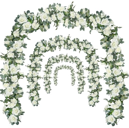 Bacucine Blumengirlande Rosenranke 4Stk 8,53m Künstliche Blumengirlande mit grünen Blättern, hängende Rosenranke für Hochzeit, Party, Garten, Heim- und Wanddekoration (Weiß)