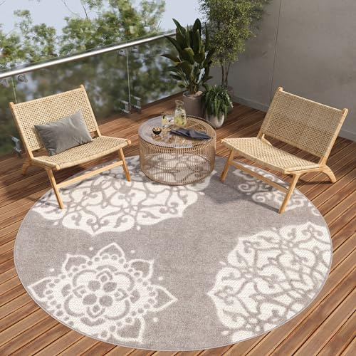 TAPISO Patio Rund Teppich Outdoor Indoor Beige Grau Blumen Ornament Sisaloptik Strapazierfähig Wasserfest Wetterfest Küche Wohnzimmer ÖKO-TEX 100 x 100 cm