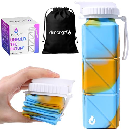 drinqright™ Botellas de agua plegables | Botella de agua plegable x botella de agua de viaje | Botella de agua plegable de silicona deportiva reutilizable | Botellas de agua que se enrollan y pliegan
