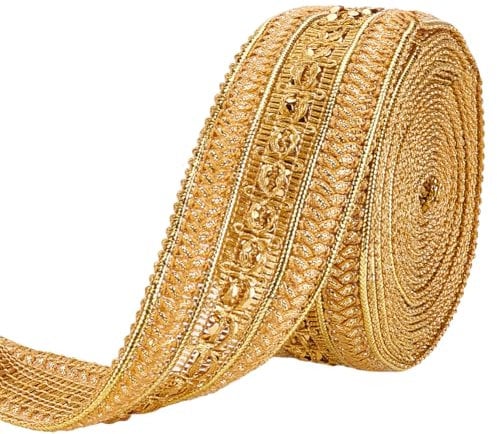 MAYJOYDIY 4.5m Goldmetallic Jacquard Bordüre 42mm Breiter Indischer Gimp Zopf Doppelseitig Bestickt Mit Eingewebten Goldfäden Für Vorhänge Lampenschirm Sofa DIY Nähen Basteln