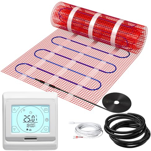 KEZERS Calefacción eléctrica por suelo radiante de 2 m², 150 W/m², autoadhesiva, para azulejos, laminado y más, termostato digital táctil con programa semanal para baño, pasillo, dormitorio (2 m² – 4