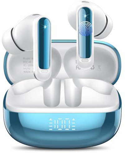 Wireless Earbuds, Bluetooth 5.4 Headphones in Ear with HiFi Stereo Deep Bass, 4 ENC Noise Cancelling Mic Wireless Earphones 48H Playtime, Dual LED Display Bluetooth Earbuds, IP7, USB-C, Light Blue