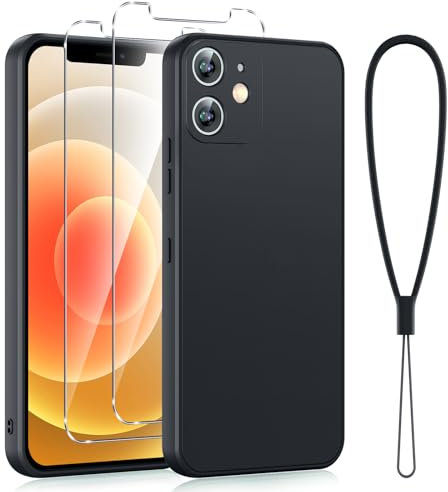Viojrlra Coque pour iPhone 12 6,1 avec 2 Pièces Verre Trempé, Protection Complète TPU Silicone Housse Fine Antirayures étui pour iPhone 12 Con Cordon Cover Antichoc,Noir