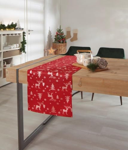 DecoHomeTextil Heimtextilmanufaktur Lurex Rentier Tanne Tischläufer Eckig 40 x 150 cm Rot Silber dezent glitzernd Weihnachten Christmas