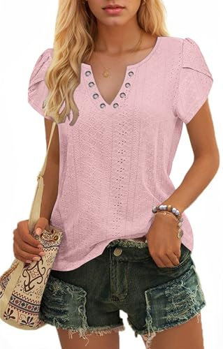 WNEEDU Maglietta Donna Manica Corta T-Shirt Scollo V Estiva Elegante Top Casual Camicia Maniche a Petalo Blusa Rosa XXL