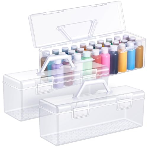 Threehoney 3 Pcs Acrylic Paint Storage Box for 2 Fl. oz Acrylic Paints, Portable Craft Art Organizer with Handle, 30 Bottles Capacity Plastic Art Supply Clear Boxes (White)