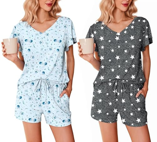 Ekouaer Pijama Mujer Verano Pijama Corto Mujer Paquete de 2 Mangas con Volantes Escote en Pico Suave Camiseta y Pantalón Corto, Estrellas Azul Claro + Estrellas Gris Oscuro, L