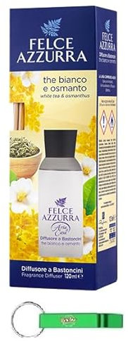 12 deodoranti per ambienti Felce Azzurra, diffusore con bacchette – Diffusore a Bastoncini – Tè bianco e profumo Osmanthus 120 ml + portachiavi Beni Culinari