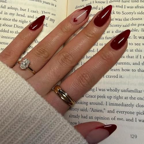 Valentine's Day Nails, SXVME Dark Red French Tip False Nails Almond Medium with Cute Heart Design, Nude Press on Nails Fake Nails Medium, Artificial Stick on Nails for Women Manicure 24 Pcs