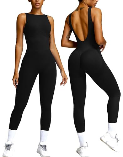 SEAUR Sport Jumpsuit Damen Lang Eng Yoga Overall Scrunch Butt Ärmellos Bodysuit Einteiler Strampler Bodycon für Gym Fitness Jogging - S