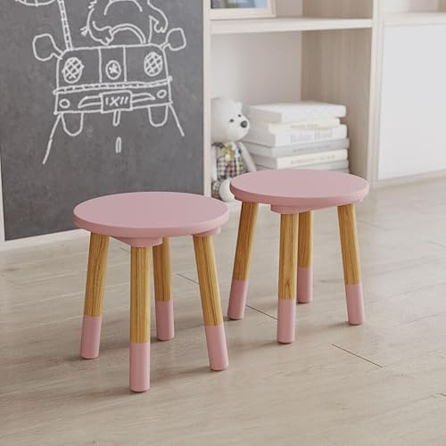 URBNLIVING Kids Wooden Portable Stool, Lightweight and Anti-Slip, H26cm x D24cm, 2 Pcs Round Seat Pink Chair for Toddlers, Small Children, Home Decor for Desk, Table, Nursery, Kitchen, Bedroom