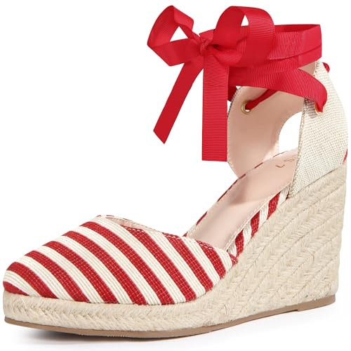 Perphy Alpargatas con plataforma y cuña con cordones a rayas para mujer rojo 38