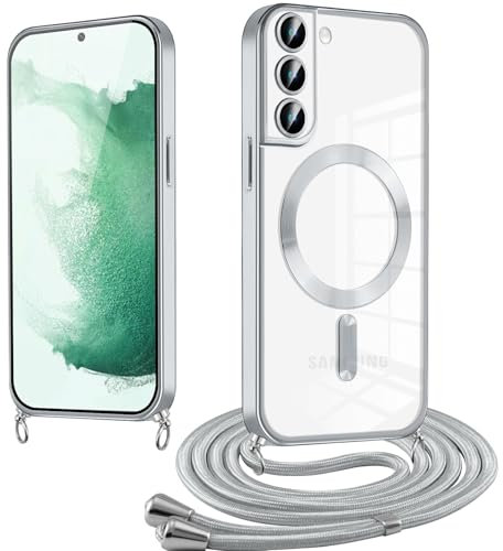 Knrlqim Coque Magnétique pour Samsung Galaxy S22+ 5G / S22 Plus 5G 6,6 avec Cordon,Transparente Housse Compatible avec MagSafe,Réglable Collier Lanière Étui Portable Lanyard Case Cover,Doré