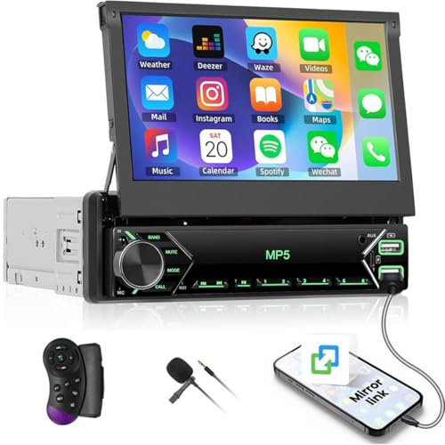 Fuluku 1 DIN Radio Coche 7 Pantalla Retráctil Ajustable Radio Bluetooth | Android Radio con FM, SWC, Mirror Link, Cámara de Respaldo, Mic, USB, Type-C Interfaz, EQ