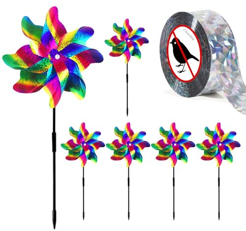 Molino de Viento Reflectante 6 Piezas,con 1 Piezas Cinta Repelente de pájaros,Repelentes De Molino De Viento,Reflectante Anti-pájaros,para Balcón Hogar Jardín y Granja Control de Aves (Color)
