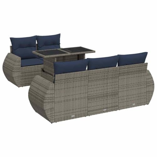 vidaXL 6-Piece Garden Sofa Set with Cushion Grey Poly Rattan Acacia, Outdoor Sofa Set, Garden Sofa Set, Lounge Set, Sofa Set Patio