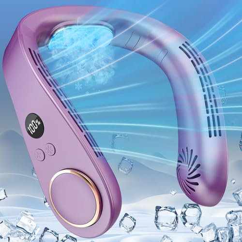 DDKJ Ventilador de Cuello Aire Acondicionado,Aire para el Cuello 5 Velocidad,Ventilador Collar 3 Niveles de Frío,Pantalla LED,5500mAh,Ventoinha Portatil para Hombres/Mujeres/Niños-Morado