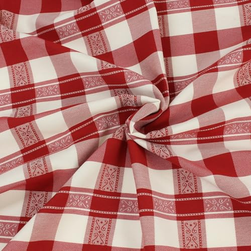 Karierter Stoff Meterware mit Zierborte – Landhausstil Dekostoff 140 cm breit – Mischgewebe Rot Weiß kariert – pflegeleicht & bügelfest – Made in Germany